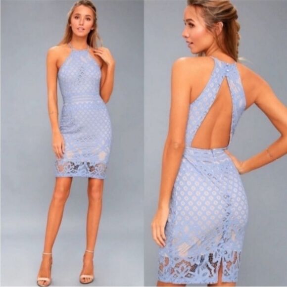 LULU’S | Steal A Kiss Lace Halter Dress Baby Blue & Nude Tan Women’s Size XL - Picture 1 of 11